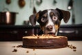 innocent looking dog eats a cake