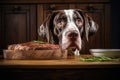 innocent looking dog in front of tasty steak AI generated