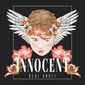 Innocent. Real angel. Vector hand drawn illustration of boy with flowers isolated.