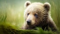 Innocent Wonder: A Majestic Baby Bear Basking in the Summer Grass. Generative AI