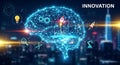 Innovation and artificial intelligence concept with glowing blue human brain wireframe and technological icons over city skyline Royalty Free Stock Photo
