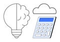 Brainstorming, Cloud Technology, and Digital Calculation Concept with Light Bulb and Calculator Icons Royalty Free Stock Photo