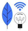 Innovation Concept Combining Nature, Technology, and Sustainability with Leaf, Lightbulb, and wireless Signal Royalty Free Stock Photo