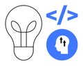 Innovation and Coding Concept with Light Bulb, Code Symbol, and Head with Arrows Royalty Free Stock Photo