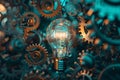 Innovation concept - light bulb surrounded by gears and cogs Royalty Free Stock Photo