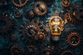 Innovation concept - light bulb surrounded by gears and cogs Royalty Free Stock Photo