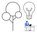 Creative Thinking and Innovation Concept with Lightbulb, Tree Structure, and Person Working on Laptop Royalty Free Stock Photo