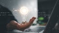 Innovation design concept. Hand holding light bulb for new idea brain storming creative inspiration Royalty Free Stock Photo