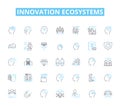 Innovation ecosystems linear icons set. Collaboration, Technology, Creativity, Entrepreneurship, Diversity, Incubators