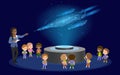 Innovation education elementary school african brown skin black hair group of kids planetarium science spaceship hologram on space