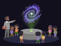 Innovation education elementary school african brown skin black hair group kids planetariun science galaxy. hologram on