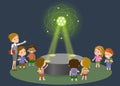 Innovation education elementary school learning technology and people concept - group of kids looking to carbon atom Royalty Free Stock Photo