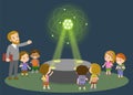 Innovation education elementary school learning technology and people concept - group of kids looking to carbon atom Royalty Free Stock Photo