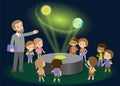 Innovation education elementary school learning technology and people concept - group of kids looking to orbit earth. hologram on