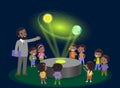 Innovation education elementary school learning technology and people concept - group of kids looking to orbit of earth. hologram