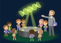 Innovation education elementary school learning technology and people concept - group of kids looking tomolecule DNA. hologram on