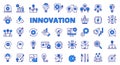 Innovation icon set line design blue. Innovation, idea, creativity, startup, development, teamwork, invention, evolution