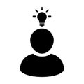 Innovation icon vector male person profile avatar symbol with bulb for creative idea for business development in Glyph Pictogram Royalty Free Stock Photo