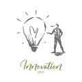 Innovation, idea, technology, bulb, creative concept. Hand drawn isolated vector. Royalty Free Stock Photo