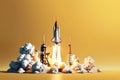 Innovation Ignition: Rocket Launch Isolated on Yellow Background Ã¢â¬â New Ideas Concept