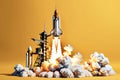 Innovation Ignition: Rocket Launch Isolated on Yellow Background Ã¢â¬â New Ideas Concept