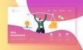 Innovation Investment Landing Page. Invest in Idea Banner with Flat Man Character and Weights with Money and Light Bulb