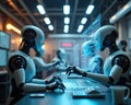 Innovation Labs: Robots analyzing data on a holographic interface in a high-tech lab Royalty Free Stock Photo