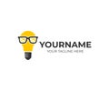 Innovation, light bulb in glasses nerd or geek, logo design. Inspiration, technology, innovative developments and discoveries, vec