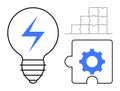 Innovation and Problem Solving Concept with Light Bulb, Puzzle Pieces, and Gear Symbol Royalty Free Stock Photo