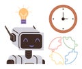 Robot with Light Bulb, Clock, and Puzzle Pieces Reflecting Innovation, Problem Solving, and Technology Concepts Royalty Free Stock Photo