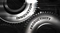 Innovation And Productivity Illustration With Words On Cogwheels, Black Background