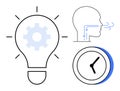 Innovation, Productivity, and Critical Thinking Conceptualized with Lightbulb, Head, and Clock Royalty Free Stock Photo