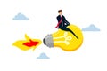 innovation start up business, happy smart businessman leader riding flying bright lightbulb lamp with rocket booster in the cloud Royalty Free Stock Photo