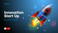 Innovation and Start up concept. Rocket takes off, on a blue background. Business Start up launching product, web Royalty Free Stock Photo