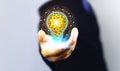 Innovation technology Concept. Hand Touching Icon Bulb. Concept with innovation inspiration. Success start from new ideas to Royalty Free Stock Photo