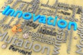 Innovation and technology concept related words in tag cloud on a sand environment Royalty Free Stock Photo