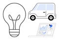 Innovation and Technology Light Bulb, Compact Car, and Data Analysis on Laptop Screen Royalty Free Stock Photo