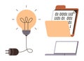 Innovation through technology with light bulb, digital file storage, and a connected laptop Royalty Free Stock Photo