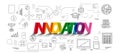 Innovation word lettering typography colored rainbow. technology theme vector creative illustration with line icons on white backg Royalty Free Stock Photo