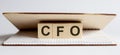 Innovation word wood block CFO on the table for business concept