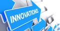 Innovations - Label on the Blue Arrow. 3D. Royalty Free Stock Photo