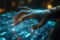 Innovative AI technology hand touches screen, activating dynamic data generation