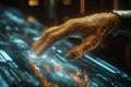 Innovative AI technology hand touches screen, activating dynamic data generation