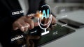 Innovative AI Voice Assistant Technology Displayed on Tablet with Multilingual Support, Showcasing Language Options and Royalty Free Stock Photo