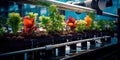 innovative aquaponics farm system, showcasing fish tanks and hydroponic vegetable beds in harmony.Generative AI