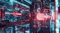 Innovative automated production line manufacturing futuristic product with digital binary code