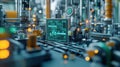 Innovative automated production line monitoring system with brain icon displayed on screen