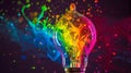 Innovative Blast: Vibrant Paint Splatter from Bulb. Creative colored light bulb explosion with shards and paint, a creative idea. Royalty Free Stock Photo