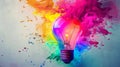 Innovative Blast: Vibrant Paint Splatter from Bulb. Creative colored light bulb explosion with shards and paint, a creative idea. Royalty Free Stock Photo