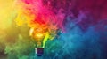 Innovative Blast: Vibrant Paint Splatter from Bulb. Creative colored light bulb explosion with shards and paint, a creative idea. Royalty Free Stock Photo
